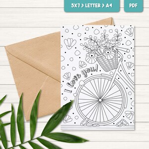Cartão de eu te amo para imprimir, Cartão de felicitações para colorir, Cartão de flores para imprimir, Presente para entes queridos, Cartões de felicitações digitais 7x5