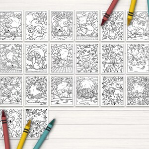 May include: A set of 20 black and white coloring pages featuring various animals in a forest setting. Each page depicts a different animal, such as a squirrel, owl, or koala, surrounded by trees and foliage. The pages are designed for children to color and enjoy.