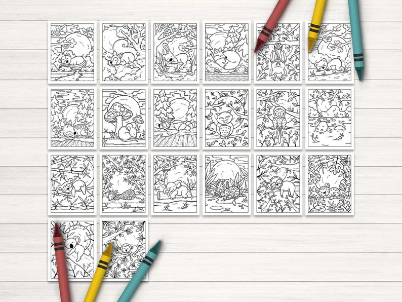May include: A set of 20 black and white coloring pages featuring various animals in a forest setting. Each page depicts a different animal, such as a squirrel, owl, or koala, surrounded by trees and foliage. The pages are designed for children to color and enjoy.
