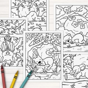 May include: Five black and white coloring pages featuring animals sleeping in a forest setting. The animals include a bat, a rabbit, a bear, and an elephant.