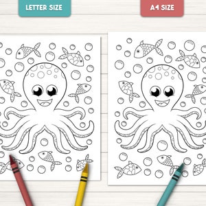 Puede incluir: P&aacute;gina para colorear en blanco y negro con un pulpo con una cara sonriente rodeado de burbujas y peces. El pulpo tiene ocho tent&aacute;culos y est&aacute; en el centro de la p&aacute;gina. La p&aacute;gina est&aacute; etiquetada como "Letter Size" y "A1 Size" en la parte superior.