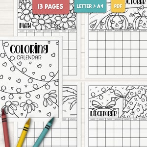 Coloring calendar for kids, Undated monthly planner printable, Holiday coloring pages, Sunday start planner, Monday start calendar