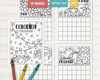 Coloring calendar for kids, Undated monthly planner printable, Holiday coloring pages, Sunday start planner, Monday start calendar