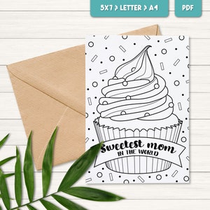 Cartão para colorir para o dia das mães, Cartão de cupcake para colorir, Cartão de felicitações para imprimir, Presente de aniversário para a mãe dos filhos, Atividade escolar para o dia das mães