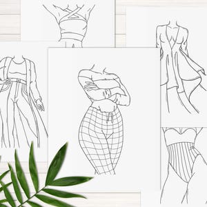 Op de afbeelding: Vijf lijntekeningen van vrouwen in verschillende outfits. De tekeningen zijn in zwart-wit en op een witte achtergrond.