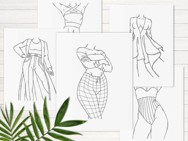 Op de afbeelding: Vijf lijntekeningen van vrouwen in verschillende outfits. De tekeningen zijn in zwart-wit en op een witte achtergrond.