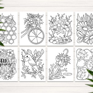 Peut inclure: Un ensemble de six pages &agrave; colorier en noir et blanc repr&eacute;sentant des illustrations sur le th&egrave;me du printemps. Les illustrations comprennent une ruche avec des abeilles, un v&eacute;lo avec des fleurs, une tasse de fleurs, des marguerites avec un papillon, un oiseau sur une branche et un parapluie avec des fleurs.