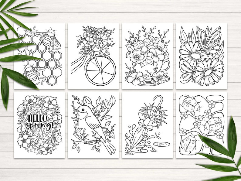 Peut inclure: Un ensemble de six pages &agrave; colorier en noir et blanc repr&eacute;sentant des illustrations sur le th&egrave;me du printemps. Les illustrations comprennent une ruche avec des abeilles, un v&eacute;lo avec des fleurs, une tasse de fleurs, des marguerites avec un papillon, un oiseau sur une branche et un parapluie avec des fleurs.