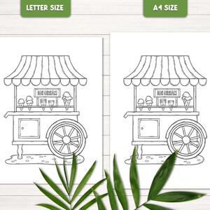 May include: A black and white line drawing of an ice cream cart with a striped awning and the words "Ice Cream" on the front. The cart has four wheels and is decorated with a simple design.