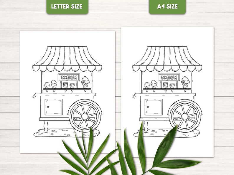 May include: A black and white line drawing of an ice cream cart with a striped awning and the words "Ice Cream" on the front. The cart has four wheels and is decorated with a simple design.