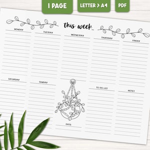 Op de afbeelding: Een printbare weekplanner met een eenvoudig ontwerp met een illustratie van een hangende plant. De planner bevat secties voor elke dag van de week, een to-do-lijst en notities.