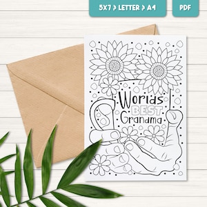 Tarjeta para colorear de la mejor abuela del mundo para niños, tarjeta de cumpleaños para la abuela, tarjeta de felicitación imprimible, regalo para la abuela de su nieto, tarjeta de abuela