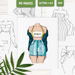Op de afbeelding: Een kleurboek met vier verschillende mode-illustraties van vrouwen in verschillende outfits. De illustraties zijn in zwart-wit en klaar om in te kleuren.