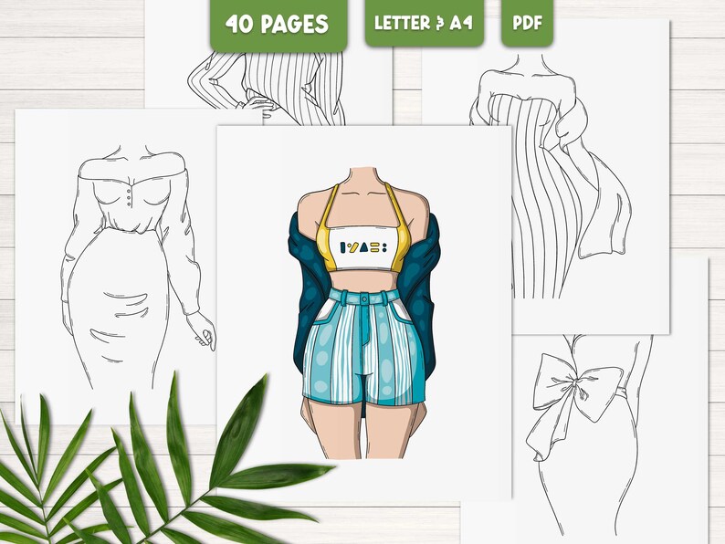 Op de afbeelding: Een kleurboek met vier verschillende mode-illustraties van vrouwen in verschillende outfits. De illustraties zijn in zwart-wit en klaar om in te kleuren.