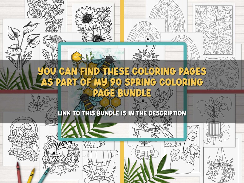 Peut inclure: Un ensemble de 90 pages &agrave; colorier sur le th&egrave;me du printemps en noir et blanc. Les pages pr&eacute;sentent des images de fleurs, d'oiseaux, d'abeilles et d'autres images printani&egrave;res. Le texte "YOU CAN FIND THESE COLORING PAGES AS PART OF MY 90 SPRING COLORING PAGE BUNDLE" est affich&eacute; au centre de l'image. Le texte "LINK TO THIS BUNDLE IS IN THE DESCRIPTION" est affich&eacute; sous le texte.