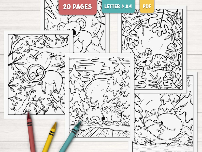 May include: A set of 20 black and white coloring pages featuring various animals sleeping in nature. The animals include a sloth, a tiger, a deer, a fox, and a koala. The pages are designed for letter or A4 size paper and are available as a PDF download.