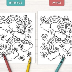 May include: Two black and white coloring pages featuring a rainbow with clouds and shamrocks. The top page says "Letter Size" and the bottom page says "A1 Size".