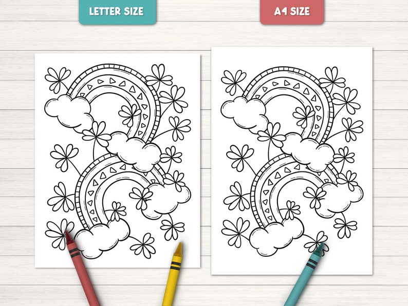 May include: Two black and white coloring pages featuring a rainbow with clouds and shamrocks. The top page says "Letter Size" and the bottom page says "A1 Size".
