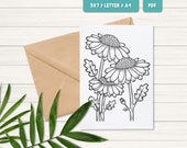 Flower coloring card download, Printable coloring card, Coloring greeting card, Printable card for mom, DIY gift for her