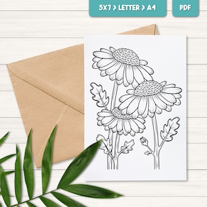 Flower coloring card download, Printable coloring card, Coloring greeting card, Printable card for mom, DIY gift for her