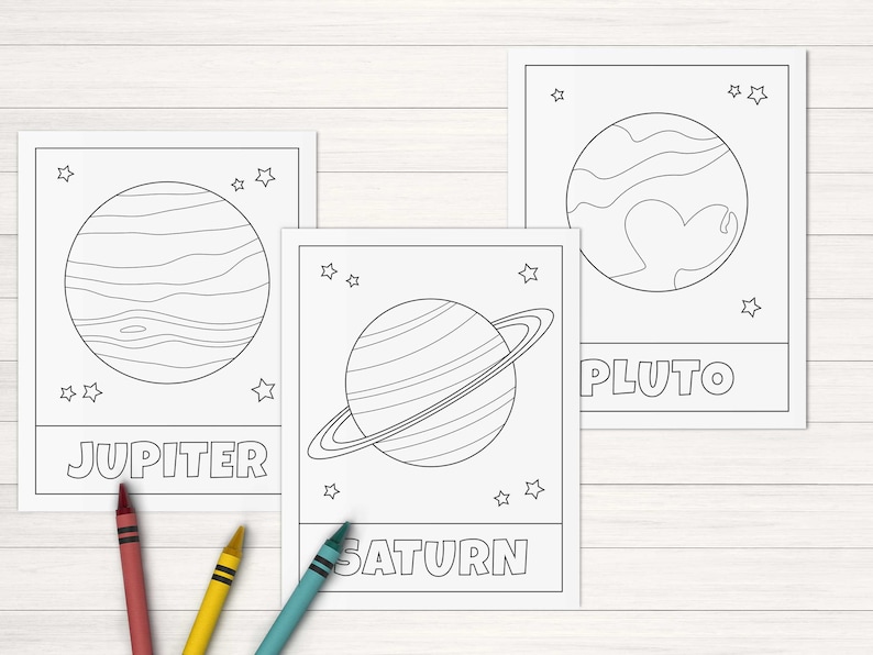 May include: Black and white printable coloring pages featuring illustrations of Jupiter, Saturn, and Pluto. Each planet has a name label and stars surrounding it.