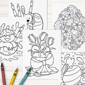 Puede incluir: Cinco p&aacute;ginas para colorear en blanco y negro con temas de Pascua. Las p&aacute;ginas incluyen un conejito sosteniendo un huevo, una maceta con tulipanes, un pollito en un huevo, un conejito con un huevo y una colecci&oacute;n de huevos con flores.