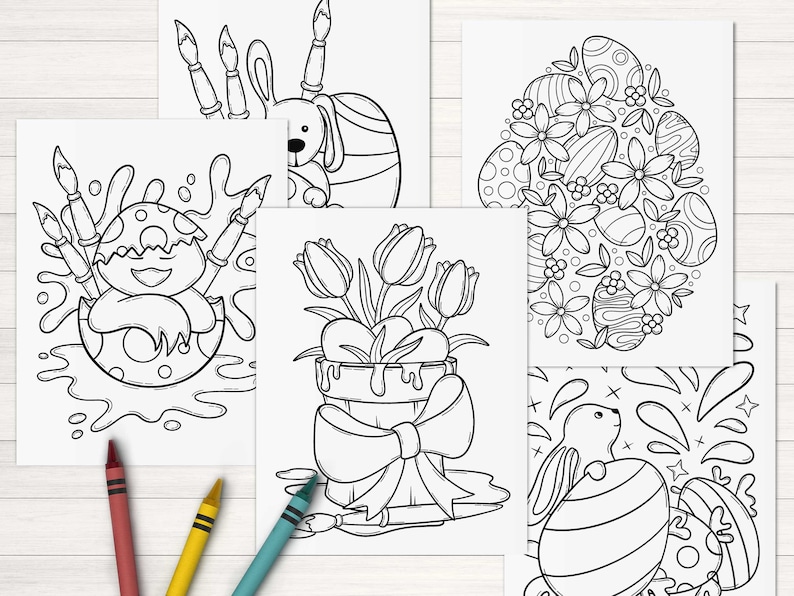 Puede incluir: Cinco p&aacute;ginas para colorear en blanco y negro con temas de Pascua. Las p&aacute;ginas incluyen un conejito sosteniendo un huevo, una maceta con tulipanes, un pollito en un huevo, un conejito con un huevo y una colecci&oacute;n de huevos con flores.