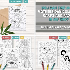 May include: A set of printable Mother's Day coloring pages featuring a variety of designs, including a hot air balloon, a cupcake, a bicycle, and a sloth holding a heart. The pages are black and white and ready to be colored.