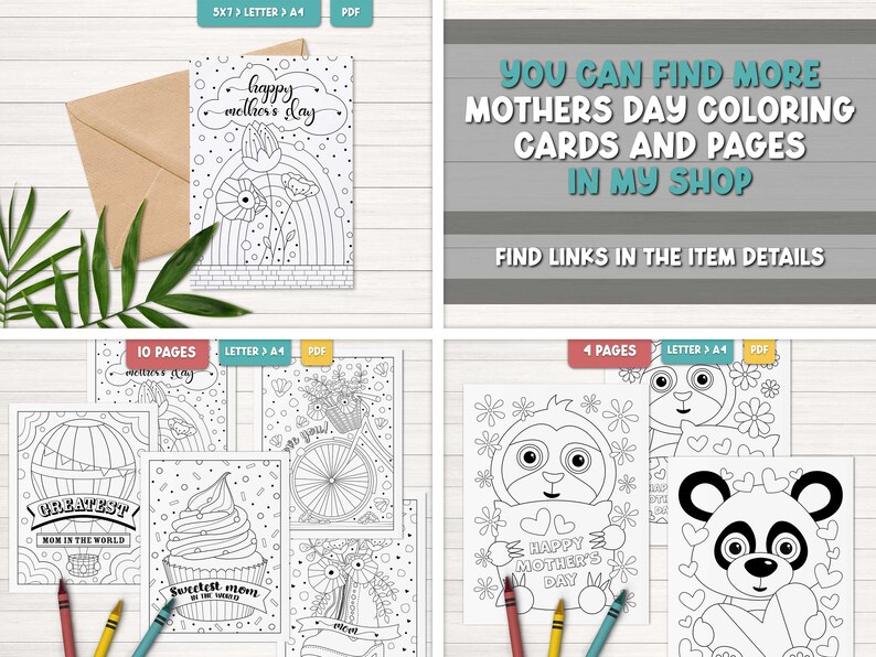 May include: A set of printable Mother's Day coloring pages featuring a variety of designs, including a hot air balloon, a cupcake, a bicycle, and a sloth holding a heart. The pages are black and white and ready to be colored.