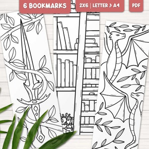 Coloring bookmarks for adults, Fantasy bookmark printable, Dragon bookmark, Digital bookmarks, Fantasy gift for book lovers, Bookmark craft image 1