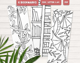 Marcapáginas para colorear para adultos, Marcapáginas de fantasía imprimible, Marcapáginas de dragón, Marcapáginas digitales, Regalo de fantasía para amantes de los libros, Manualidades con marcapáginas