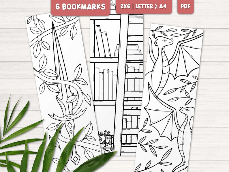 Coloring bookmarks for adults, Fantasy bookmark printable, Dragon bookmark, Digital bookmarks, Fantasy gift for book lovers, Bookmark craft image 1