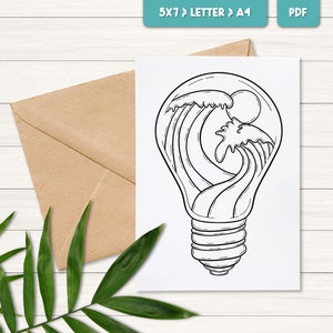 Carte à colorier imprimable, carte de voeux bohème à télécharger, carte de voeux simple, page de coloriage bohème pour adultes, coloriage minimaliste