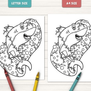 May include: A black and white coloring page featuring a cartoon shark with seaweed and bubbles. The page is labeled "Letter Size" and "A1 Size" at the top.