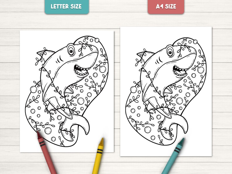 May include: A black and white coloring page featuring a cartoon shark with seaweed and bubbles. The page is labeled "Letter Size" and "A1 Size" at the top.