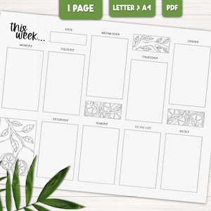 May include: A printable weekly planner with a lemon and leaf design. The planner has spaces for each day of the week, a to-do list, and notes.