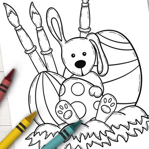 Puede incluir: Un dibujo en blanco y negro de un conejo sosteniendo un huevo de Pascua. El conejo est&aacute; sentado en un nido de hierba con tres pinceles detr&aacute;s.