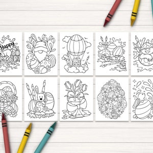 Puede incluir: Un conjunto de ocho p&aacute;ginas para colorear en blanco y negro con ilustraciones de tem&aacute;tica de Pascua. Las ilustraciones incluyen un conejo, un gnomo, un huevo de Pascua, un globo aerost&aacute;tico, una cesta de huevos y un ramo de tulipanes.