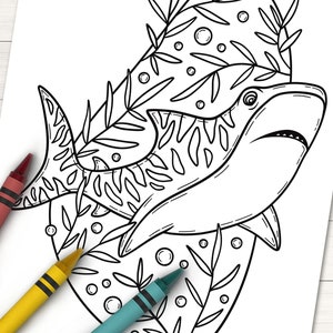 May include: A black and white line drawing of a shark with a floral pattern behind it. The shark is swimming to the right and has a large, open mouth. The floral pattern is made up of leaves and bubbles.
