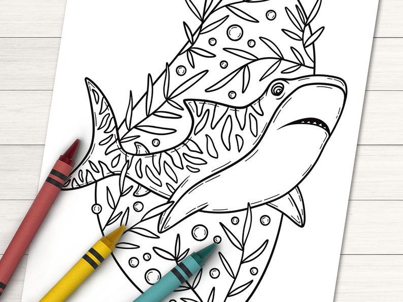 May include: A black and white line drawing of a shark with a floral pattern behind it. The shark is swimming to the right and has a large, open mouth. The floral pattern is made up of leaves and bubbles.