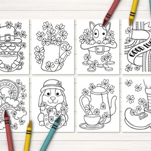 May include: Set of eight black and white coloring pages featuring St. Patrick's Day themed illustrations. The illustrations include a leprechaun, a pot of gold, a shamrock, a rainbow, a horseshoe, a teapot, a cup, and a leprechaun's boot. The text "Good Luck" is featured on one of the pages.