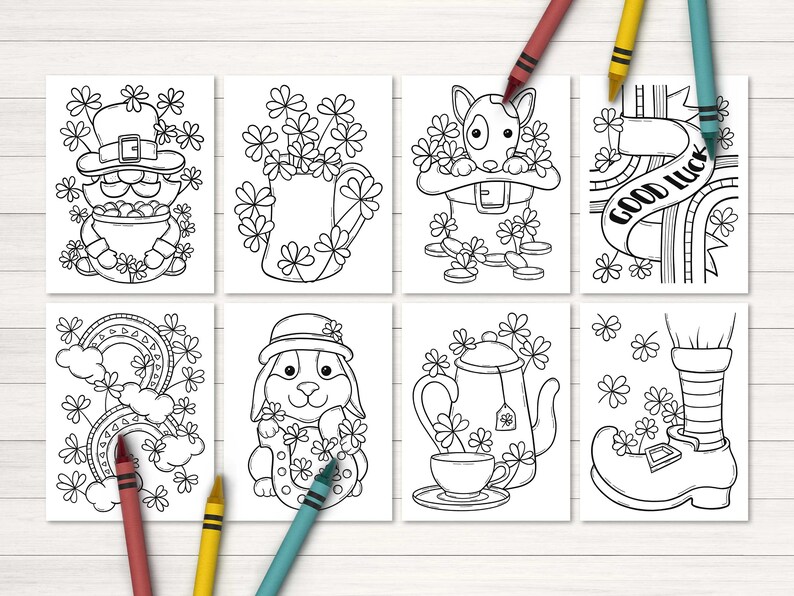 May include: Set of eight black and white coloring pages featuring St. Patrick's Day themed illustrations. The illustrations include a leprechaun, a pot of gold, a shamrock, a rainbow, a horseshoe, a teapot, a cup, and a leprechaun's boot. The text "Good Luck" is featured on one of the pages.