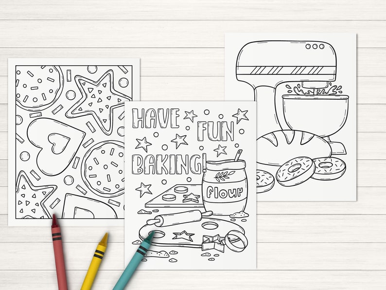 May include: Three black and white coloring pages featuring baking themed illustrations. The first page has a pattern of various cookies. The second page has a jar of flour, a rolling pin, a pizza cutter, and a cookie cutter. The third page has a stand mixer, a loaf of bread, and two donuts. The text "HAVE FUN BAKING!" is on the second page.