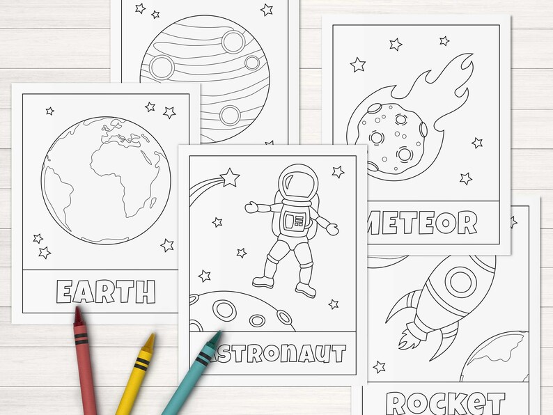 May include: Black and white coloring pages featuring space-themed illustrations, including a rocket, astronaut, meteor, earth, and a planet. The words "Earth", "Astronaut", "Meteor", and "Rocket" are included on the pages.