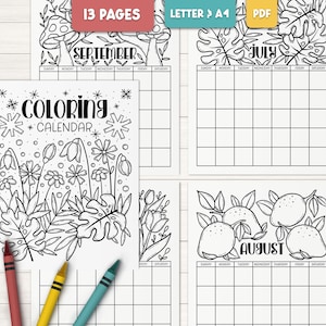 Printable coloring calendar for kids, Undated planner PDF, Coloring activity sheets, School year calendar, Coloring calendar 2025
