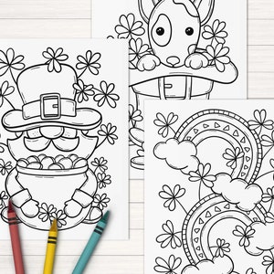 May include: Three black and white coloring pages featuring a leprechaun holding a pot of gold, a dog wearing a leprechaun hat, and a rainbow with clouds and shamrocks.
