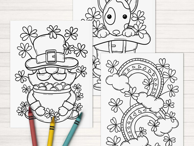 May include: Three black and white coloring pages featuring a leprechaun holding a pot of gold, a dog wearing a leprechaun hat, and a rainbow with clouds and shamrocks.