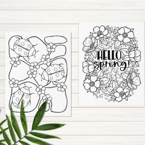 Peut inclure: Deux pages &agrave; colorier en noir et blanc. La premi&egrave;re page repr&eacute;sente des coccinelles et des fleurs. La deuxi&egrave;me page repr&eacute;sente une couronne de fleurs avec le texte "Hello Spring!" au centre.