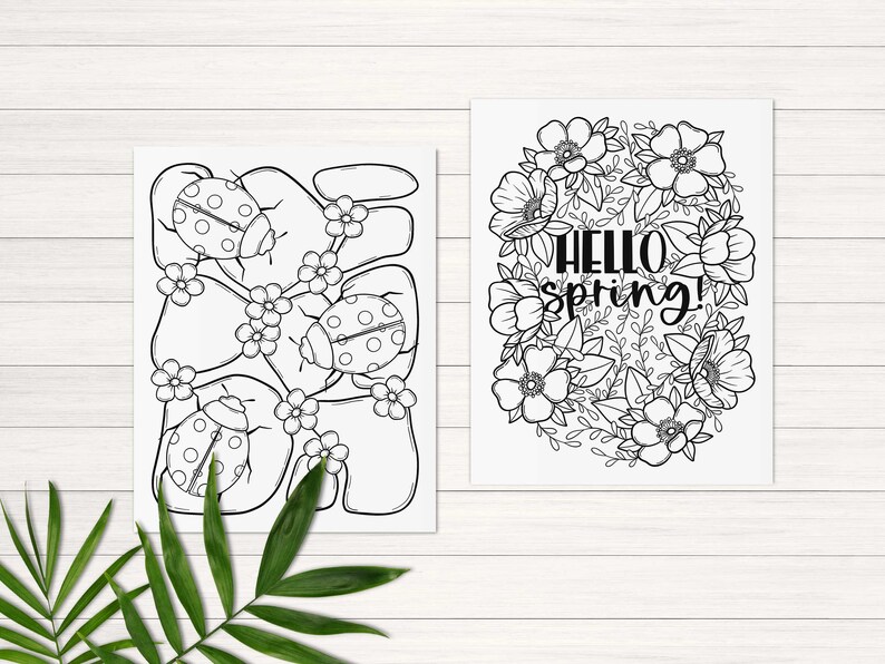 Peut inclure: Deux pages &agrave; colorier en noir et blanc. La premi&egrave;re page repr&eacute;sente des coccinelles et des fleurs. La deuxi&egrave;me page repr&eacute;sente une couronne de fleurs avec le texte "Hello Spring!" au centre.