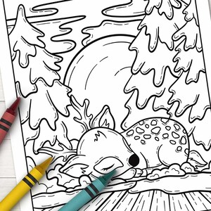 May include: A black and white line drawing of a deer sleeping in a forest setting. The deer is lying on its side with its head resting on its paws. There are trees and a large sun in the background.